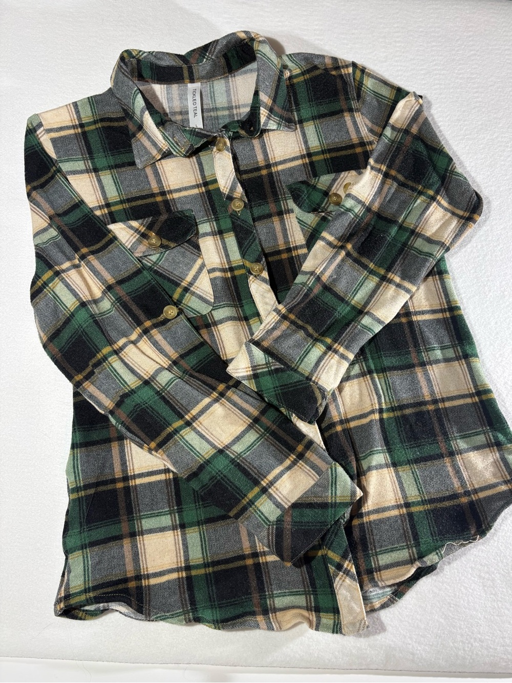 Tickled Teal Women’s Green Plaid Button-Up Shirt - Casual Flannel Top Size L